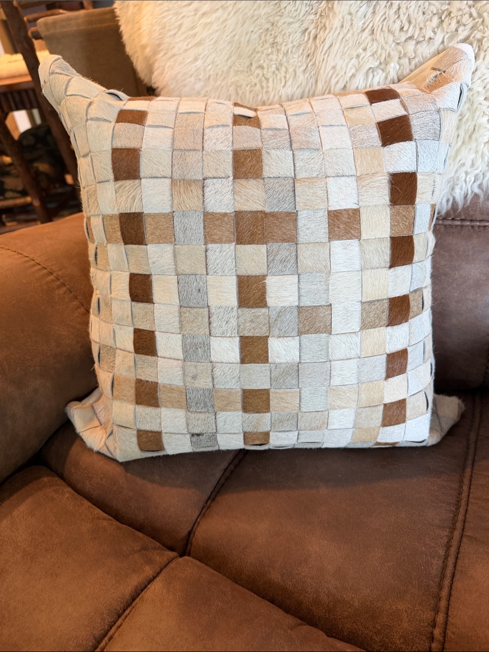 CRATE&BARREL Hyde Woven Suede 20"x20" Cream Patchwork Throw Pillow Covers 3